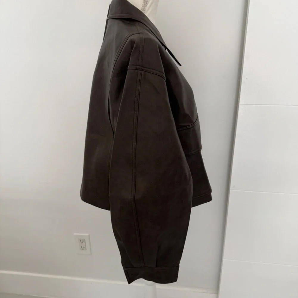 Pixie Market Brown Faux Leather Crop Bomber Patch Pocket Jacket NWT One Size - Picture 10 of 12